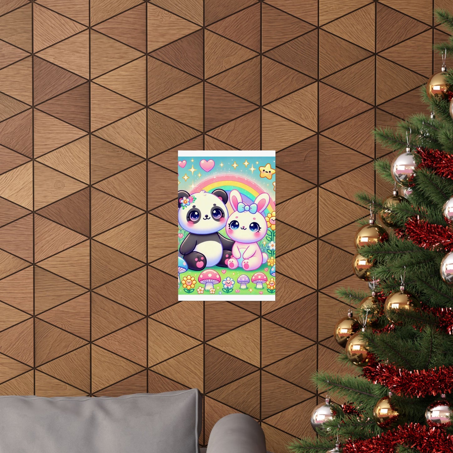 Pastel Panda and Bunny Rainbow Garden Wall Art Poster