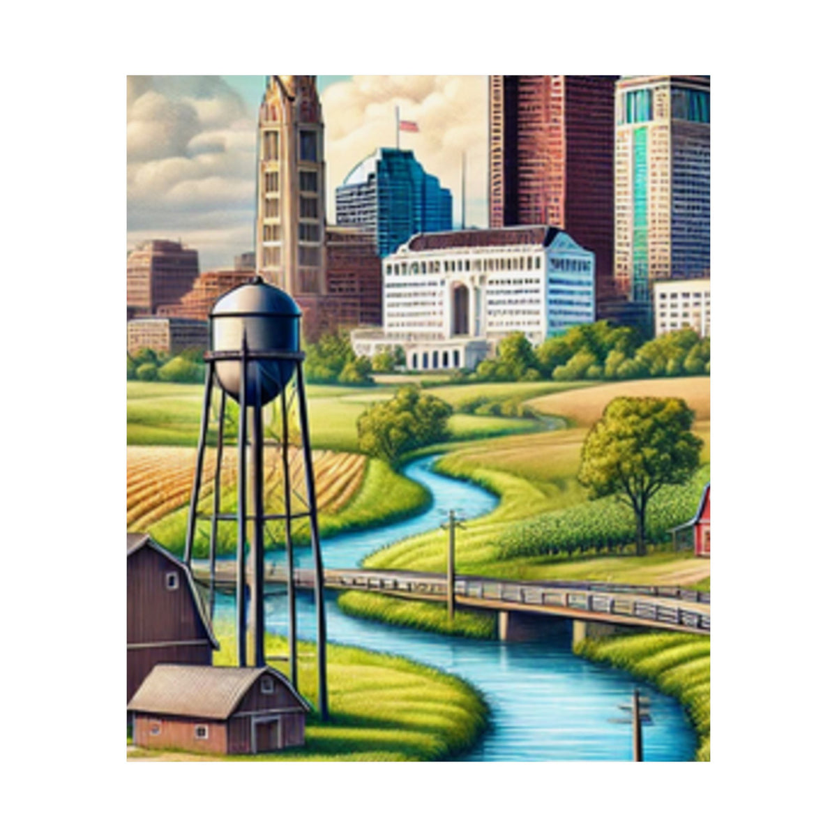 Rural River City Skyline Hometown Landscape Poster Art