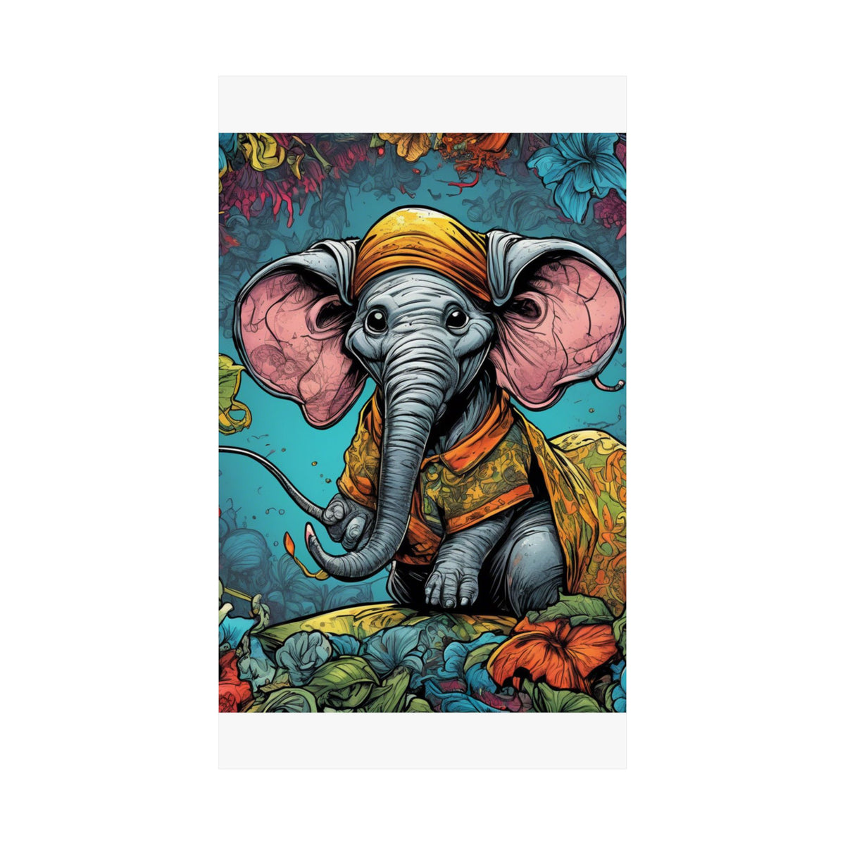 Colorful Storybook Elephant Floral Garden Wall Art Poster