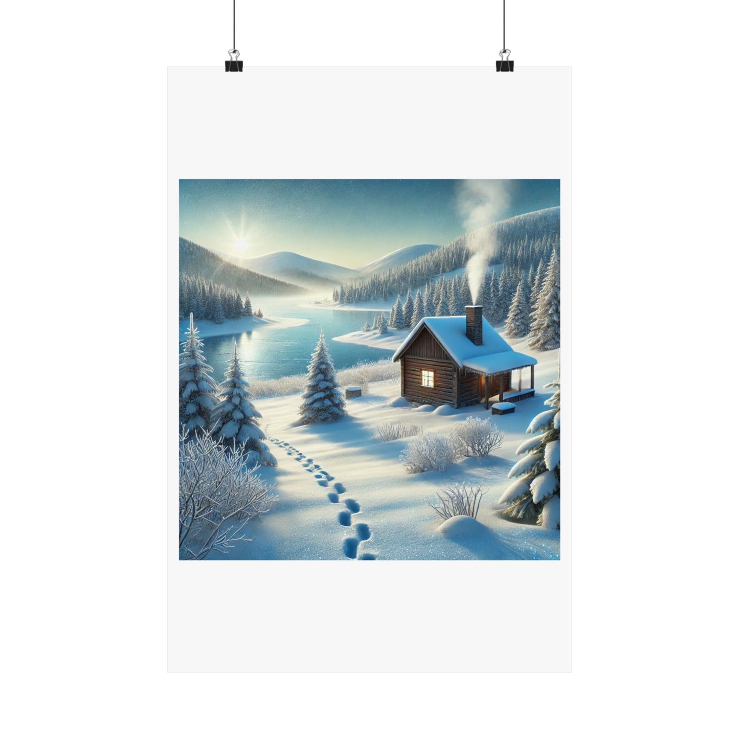 Snowy Cabin Winter Lake Landscape Art Poster