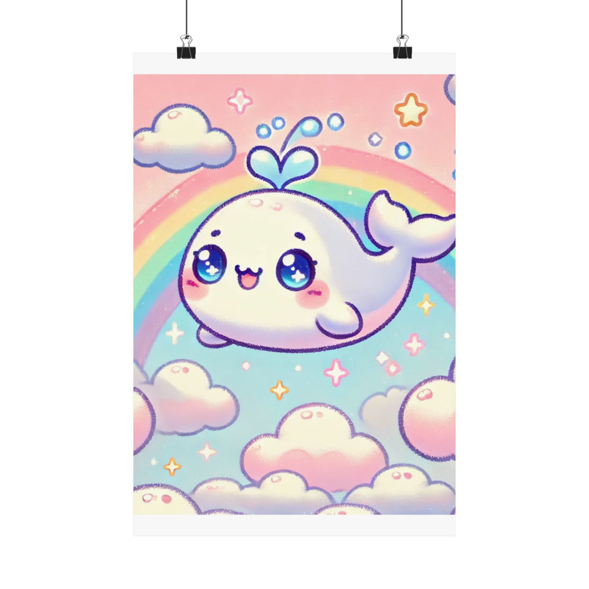 Kawaii Rainbow Whale Pastel Cloud Wall Art Poster