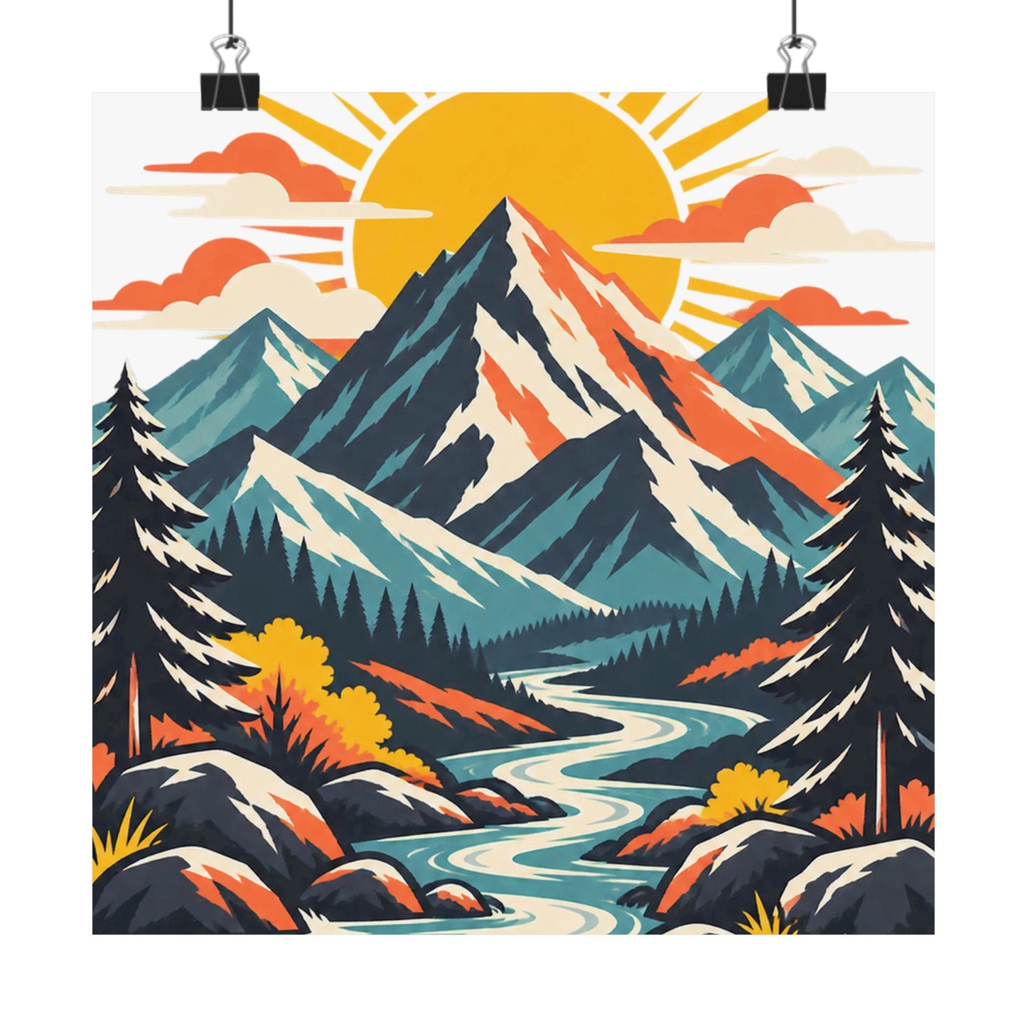Alpine Sunrise River Mountain Adventure Art Poster