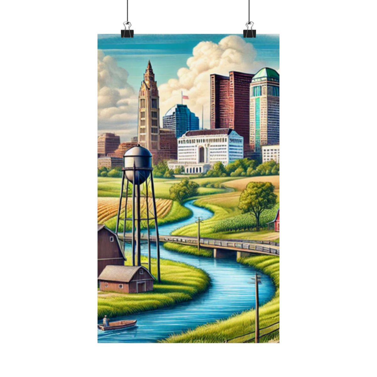 Rural River City Skyline Hometown Landscape Poster Art