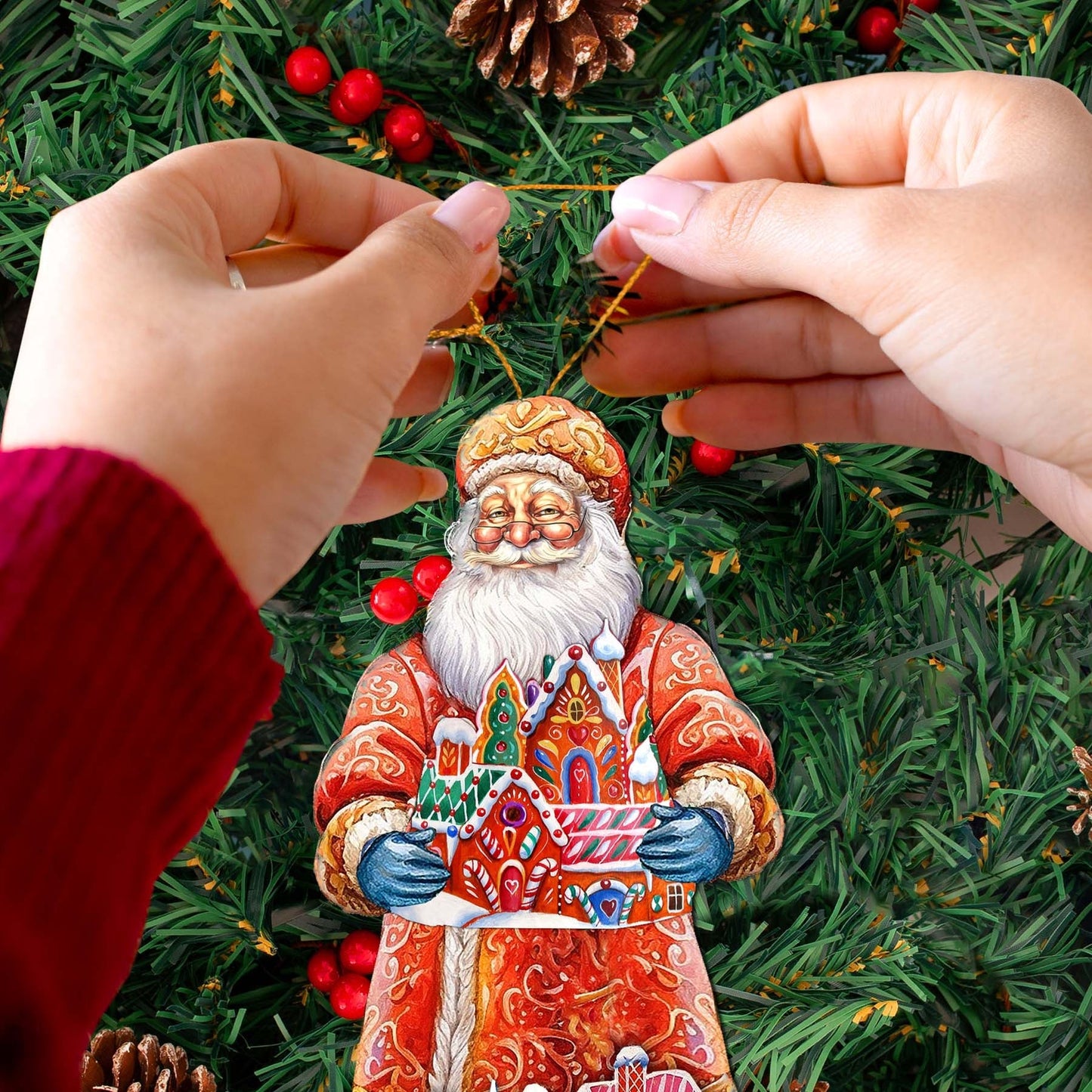 Santa and the Gingerbread House Wooden Ornaments by G. Debrekht - Christmas Santa Snowman Decor - 8691404