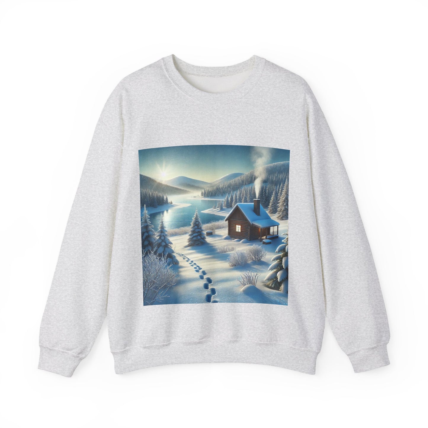 Snowy Cabin Winter Lake Landscape Art Sweatshirt