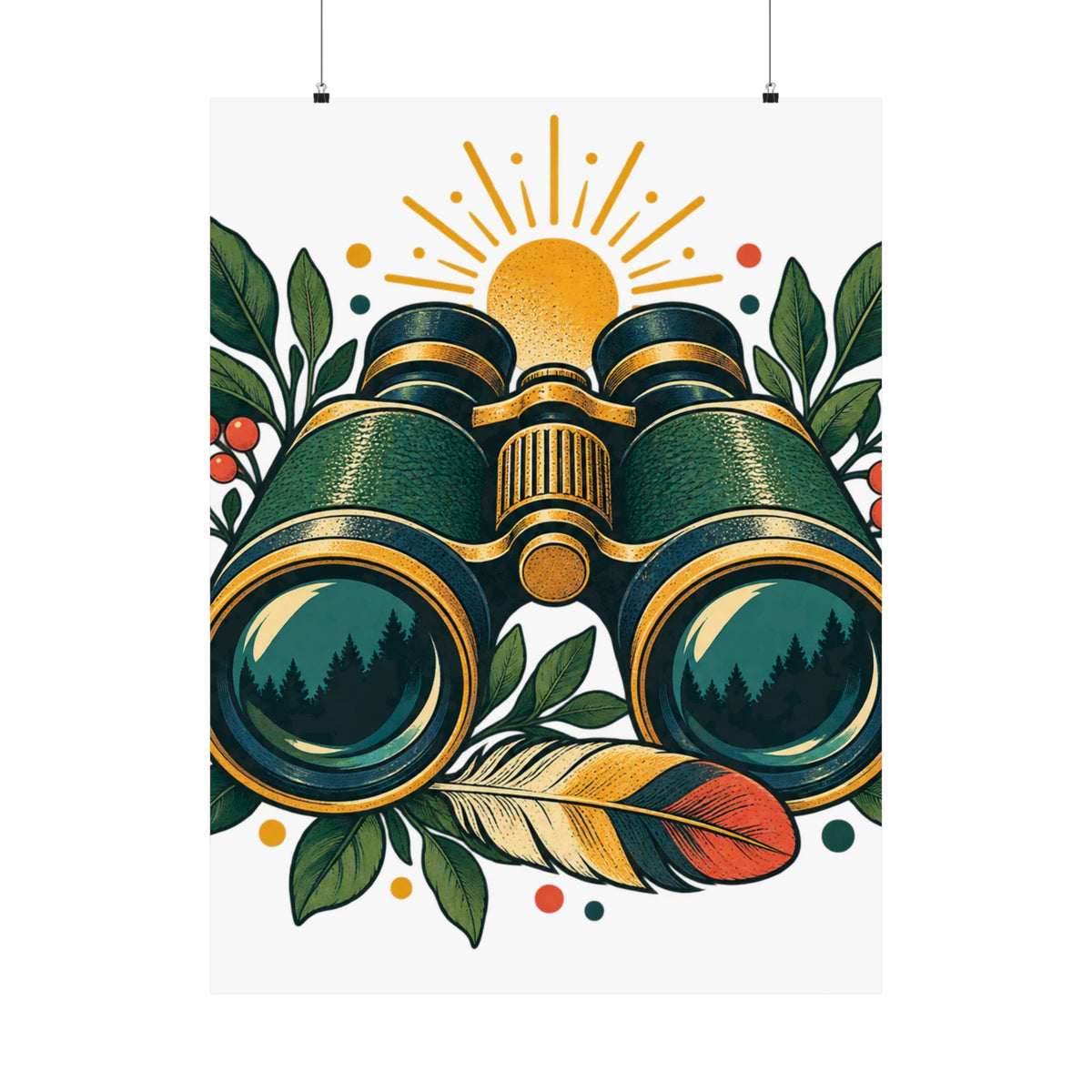 Retro Binoculars and Botanical Birdwatching Art Poster
