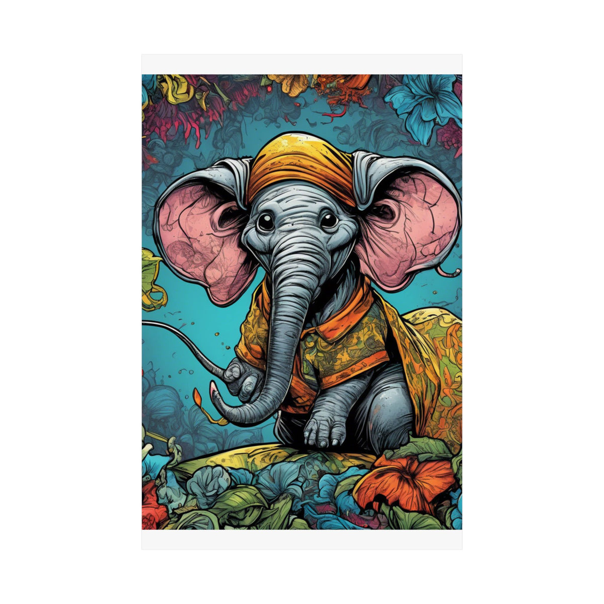 Colorful Storybook Elephant Floral Garden Wall Art Poster