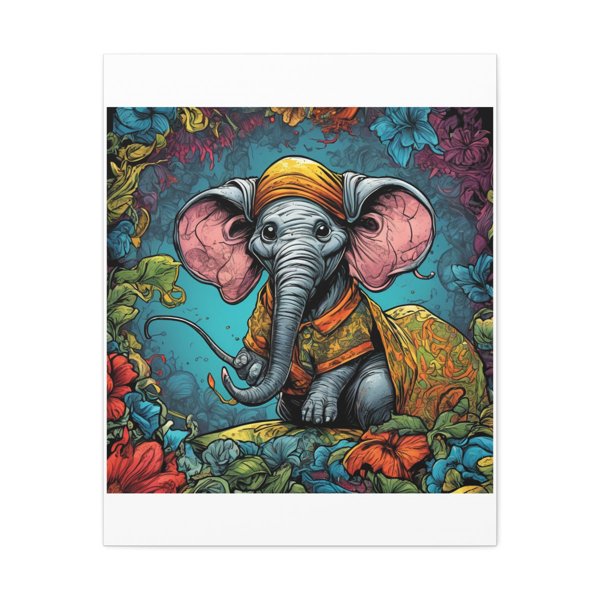 Colorful Storybook Elephant Floral Garden Canvas Wall Art