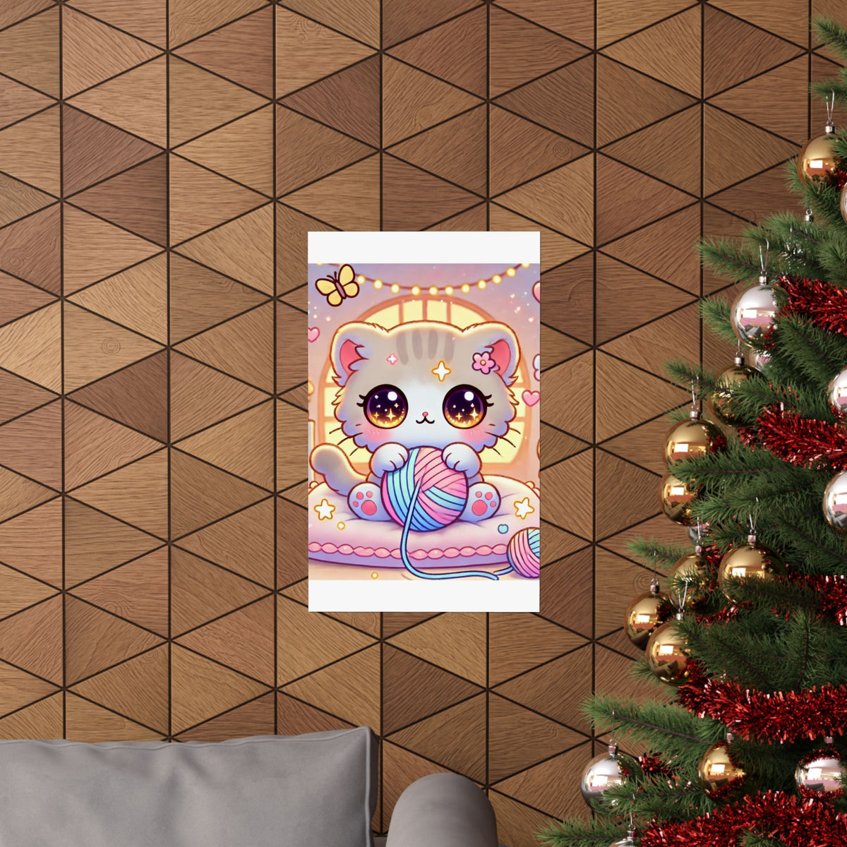 Cozy Kawaii Knitting Cat Pastel Yarn Wall Art Poster