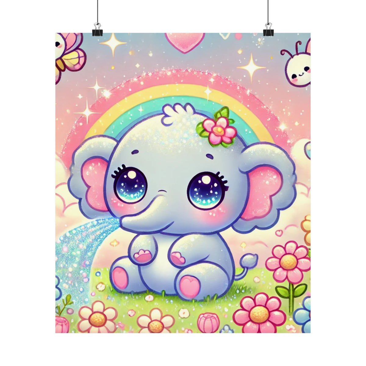 Pastel Rainbow Baby Elephant Floral Wall Art Poster