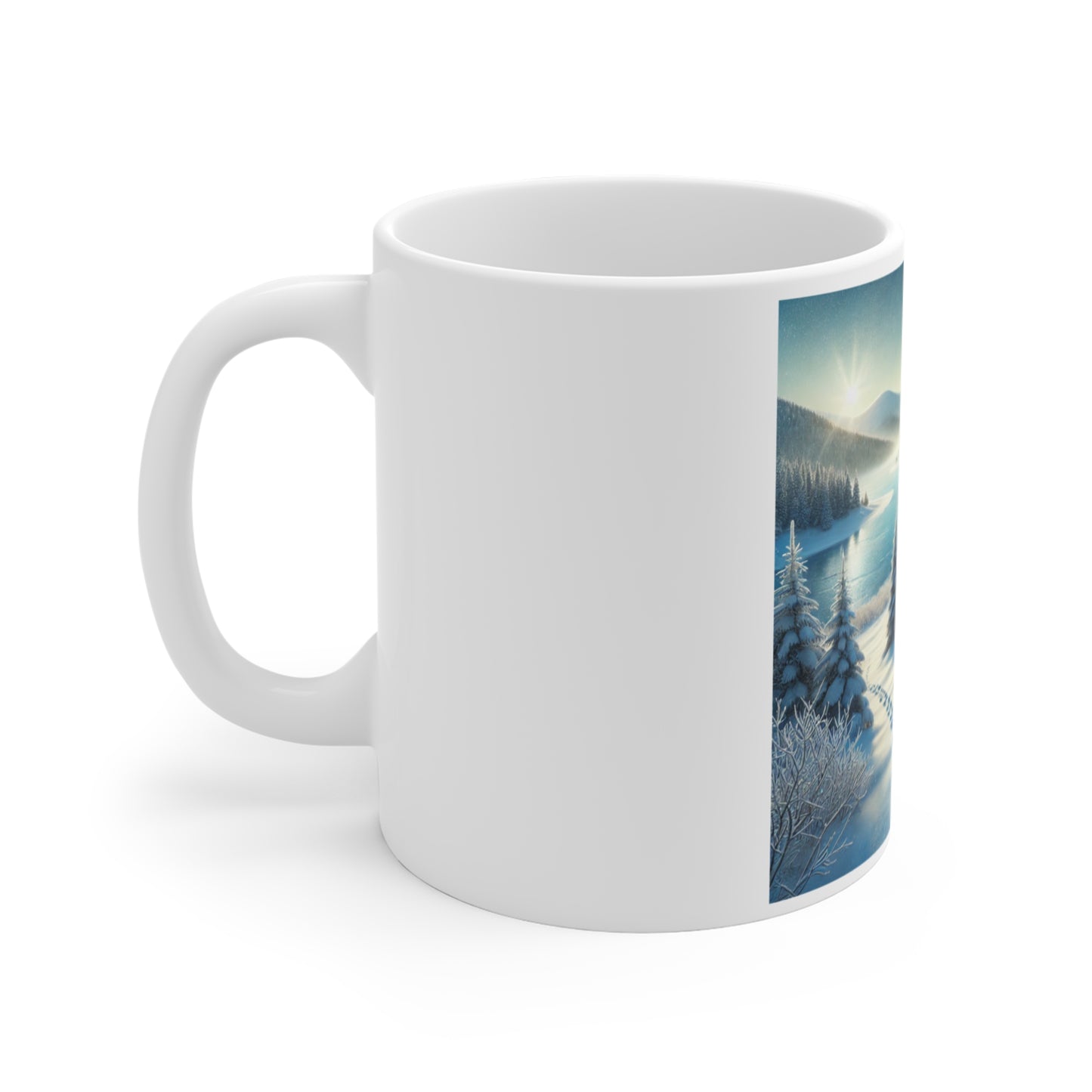 Snowy Cabin Winter Lake Landscape Art Coffee Mug
