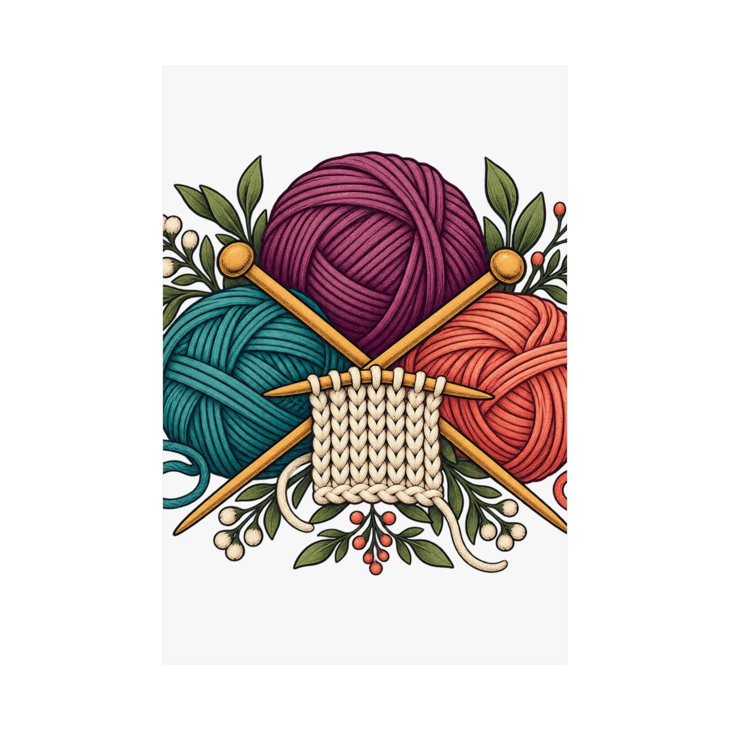 Retro Yarn and Knitting Botanical Art Poster