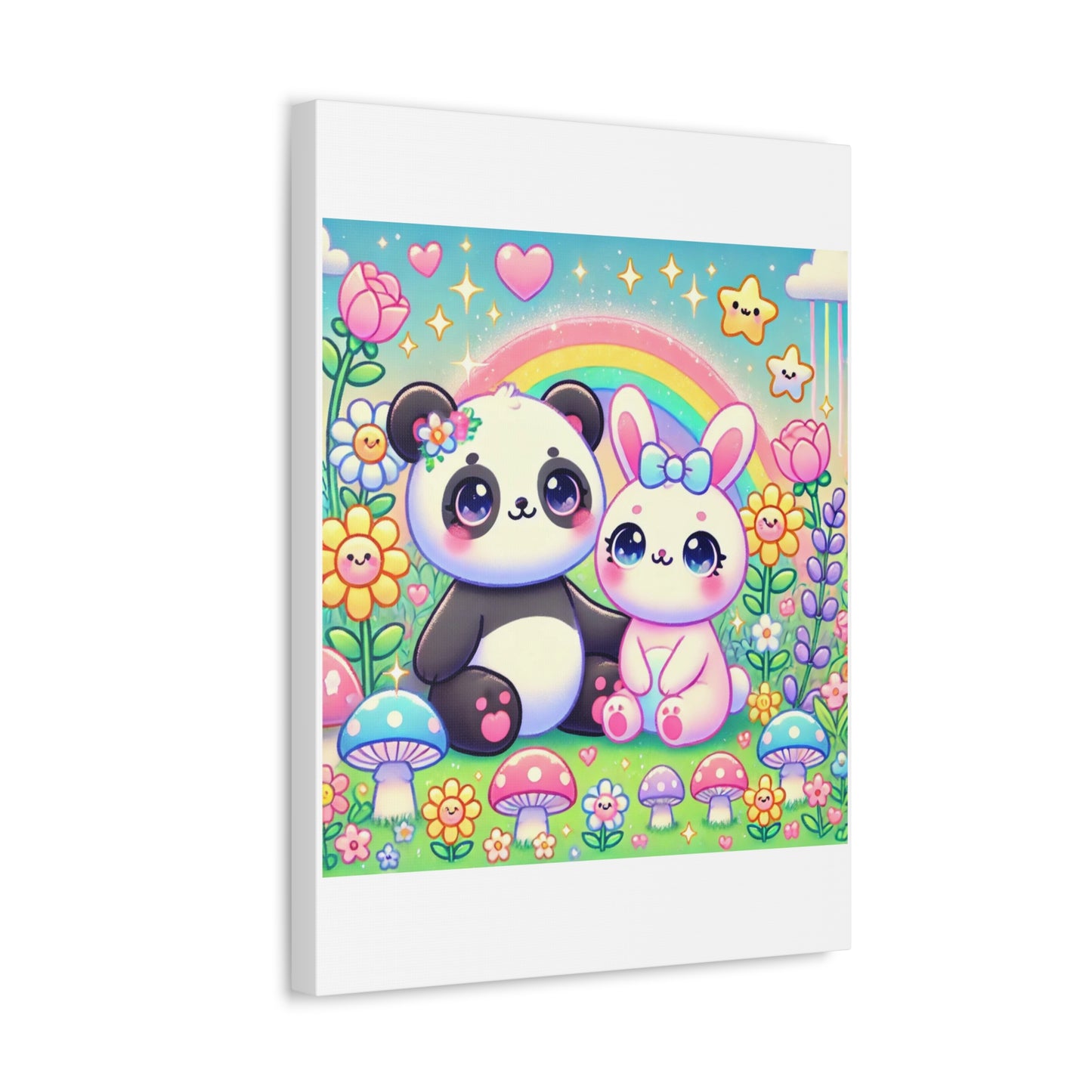 Pastel Panda and Bunny Rainbow Garden Canvas Wall Art