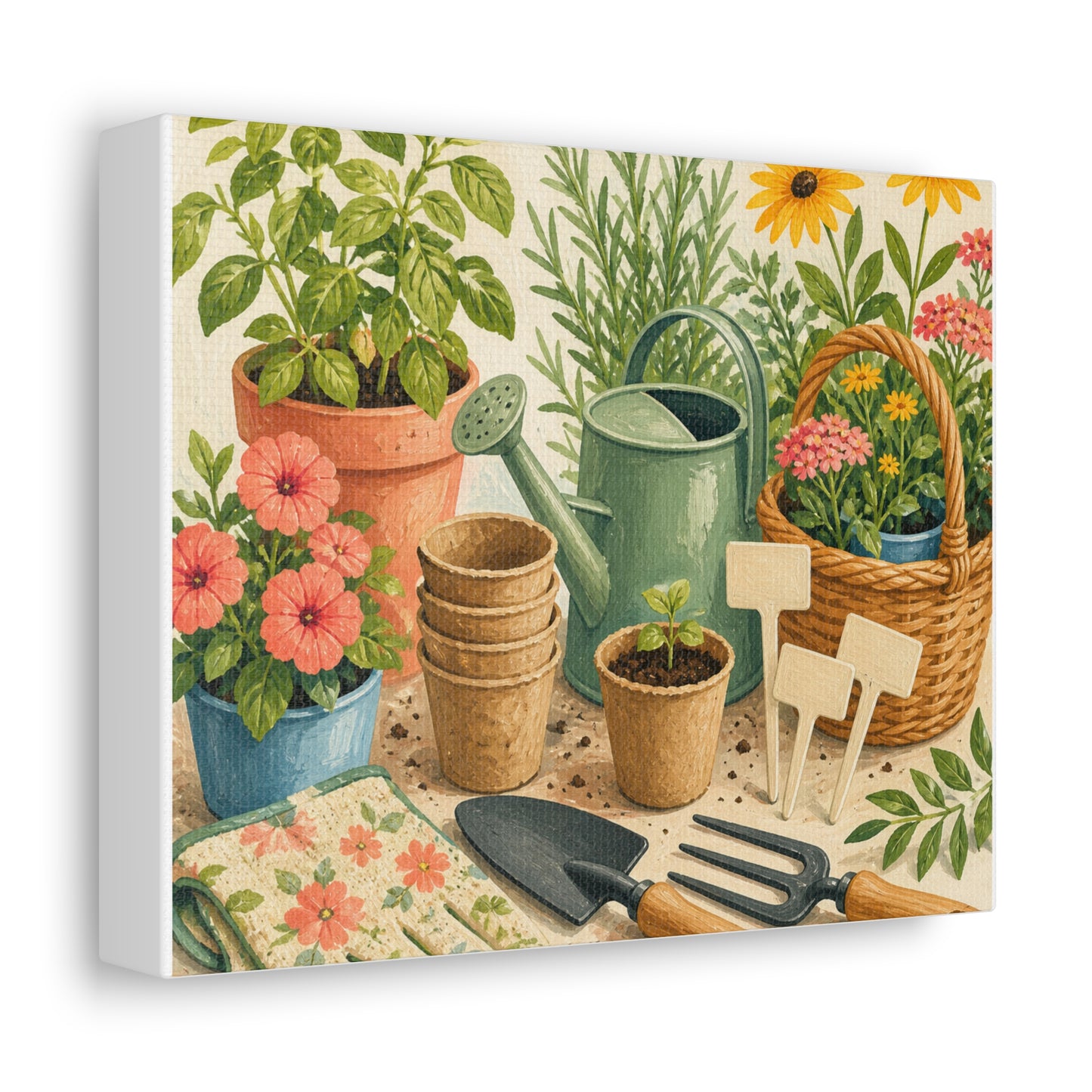 Colorful Gardening Tools and Flowers Canvas Art