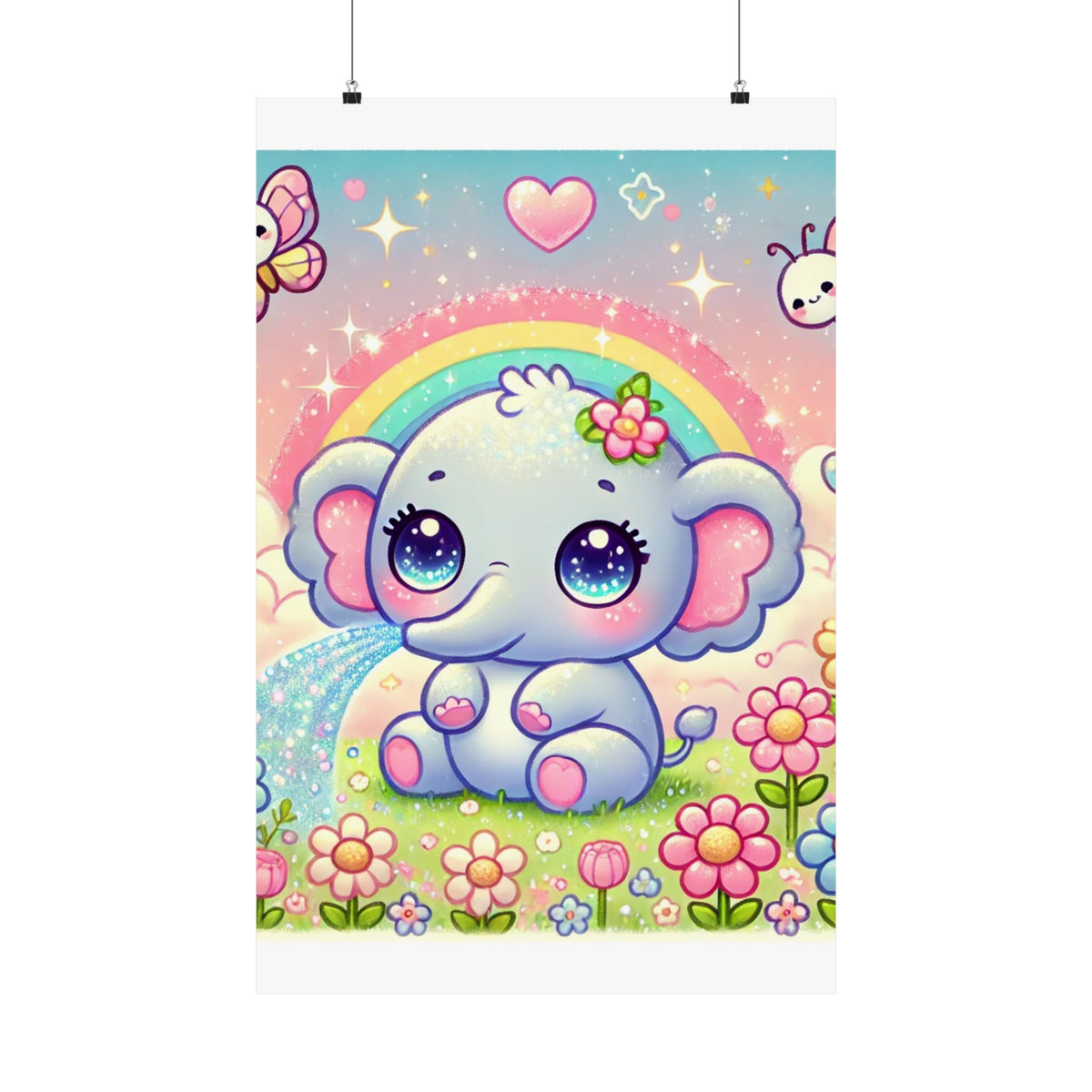 Pastel Rainbow Baby Elephant Floral Wall Art Poster