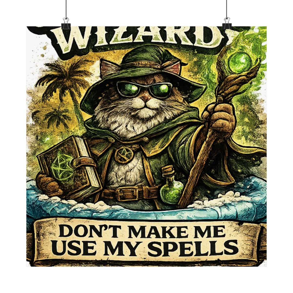 Crazy Cat Wizard Funny Fantasy Magic Art Poster