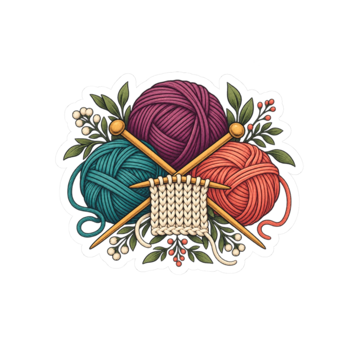 Retro Yarn and Knitting Botanical Art Sticker