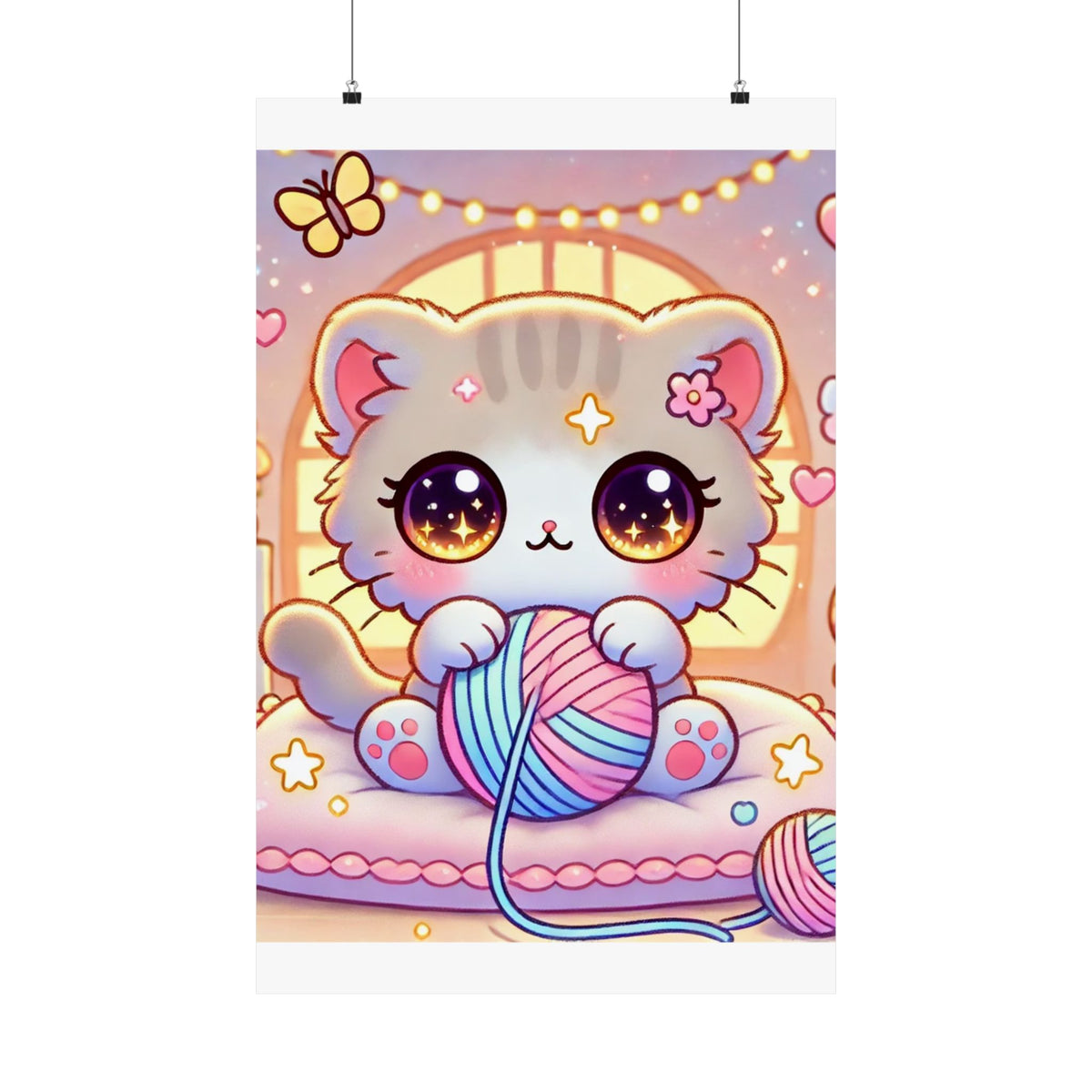 Cozy Kawaii Knitting Cat Pastel Yarn Wall Art Poster