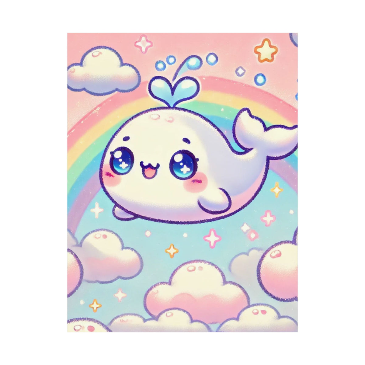 Kawaii Rainbow Whale Pastel Cloud Wall Art Poster