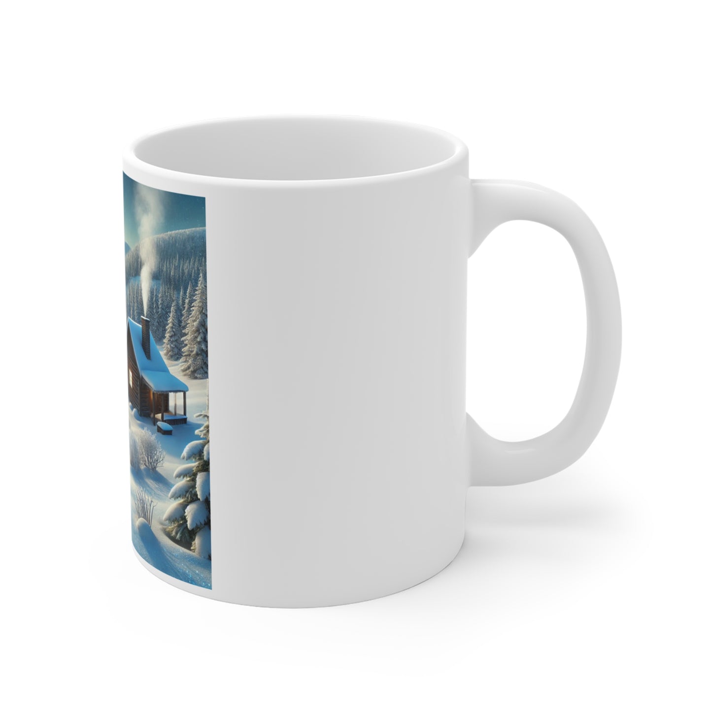 Snowy Cabin Winter Lake Landscape Art Coffee Mug