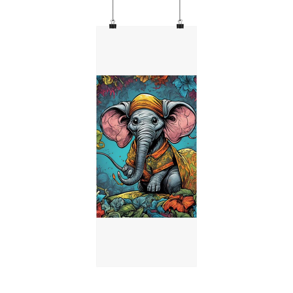 Colorful Storybook Elephant Floral Garden Wall Art Poster