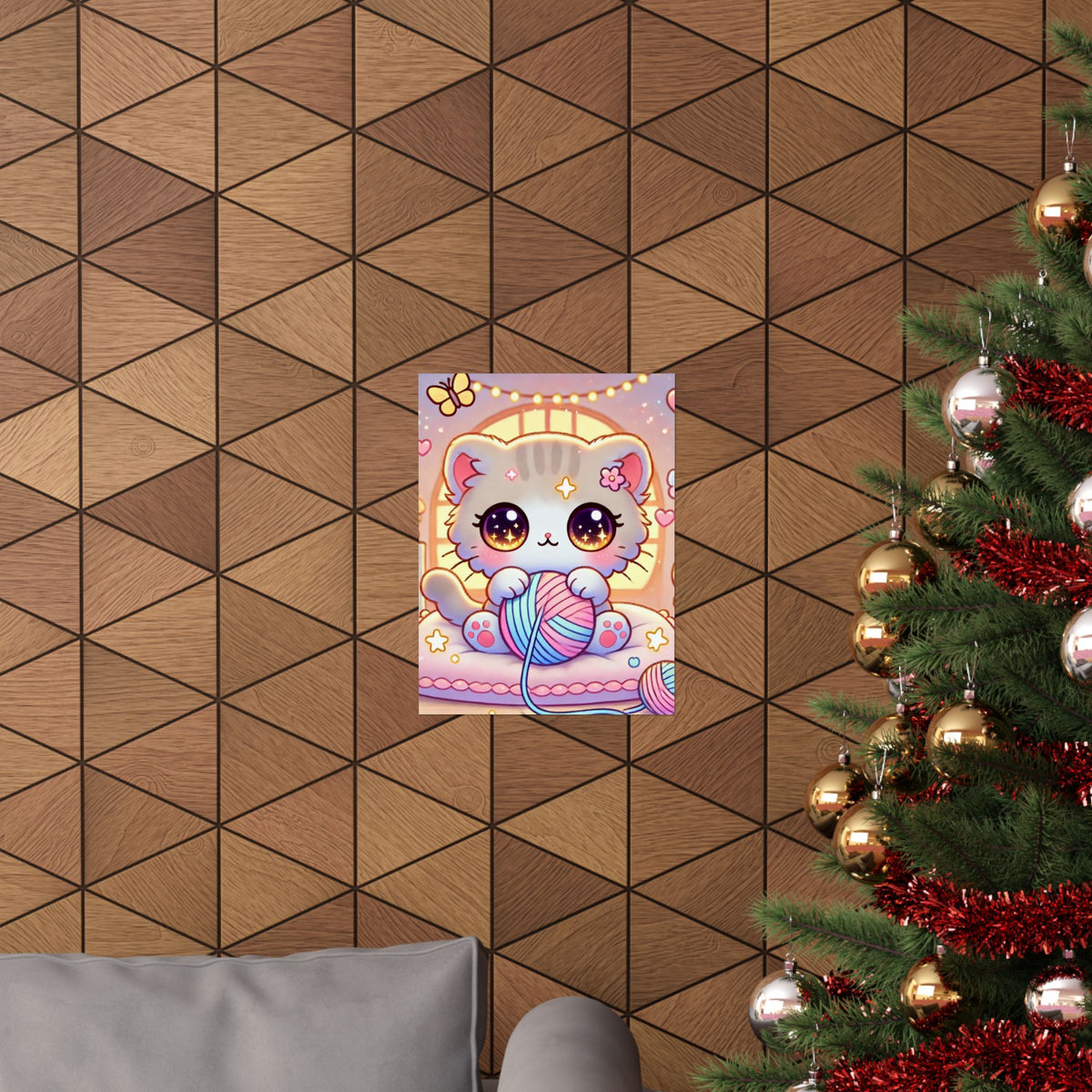 Cozy Kawaii Knitting Cat Pastel Yarn Wall Art Poster