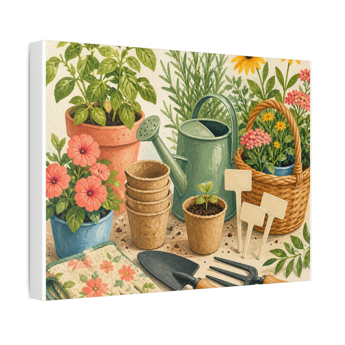 Colorful Gardening Tools and Flowers Canvas Art