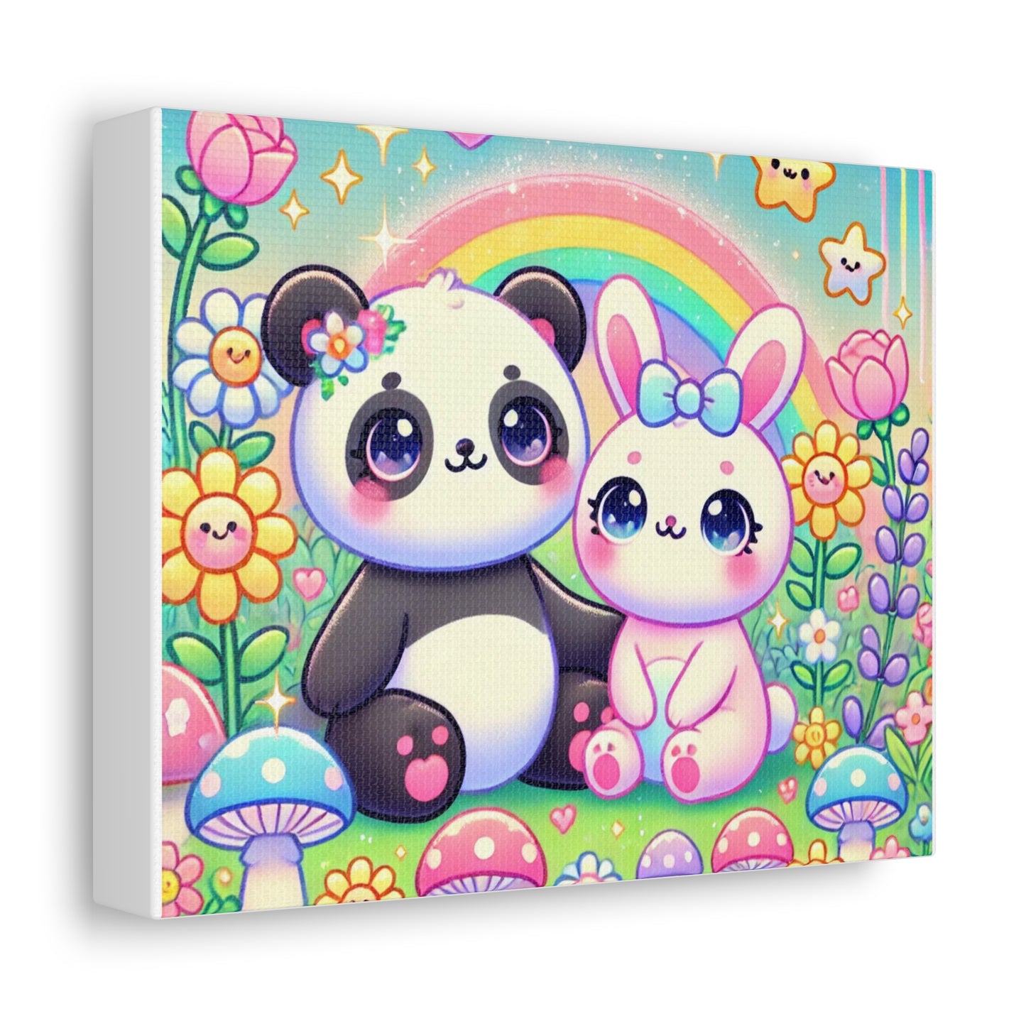 Pastel Panda and Bunny Rainbow Garden Canvas Wall Art