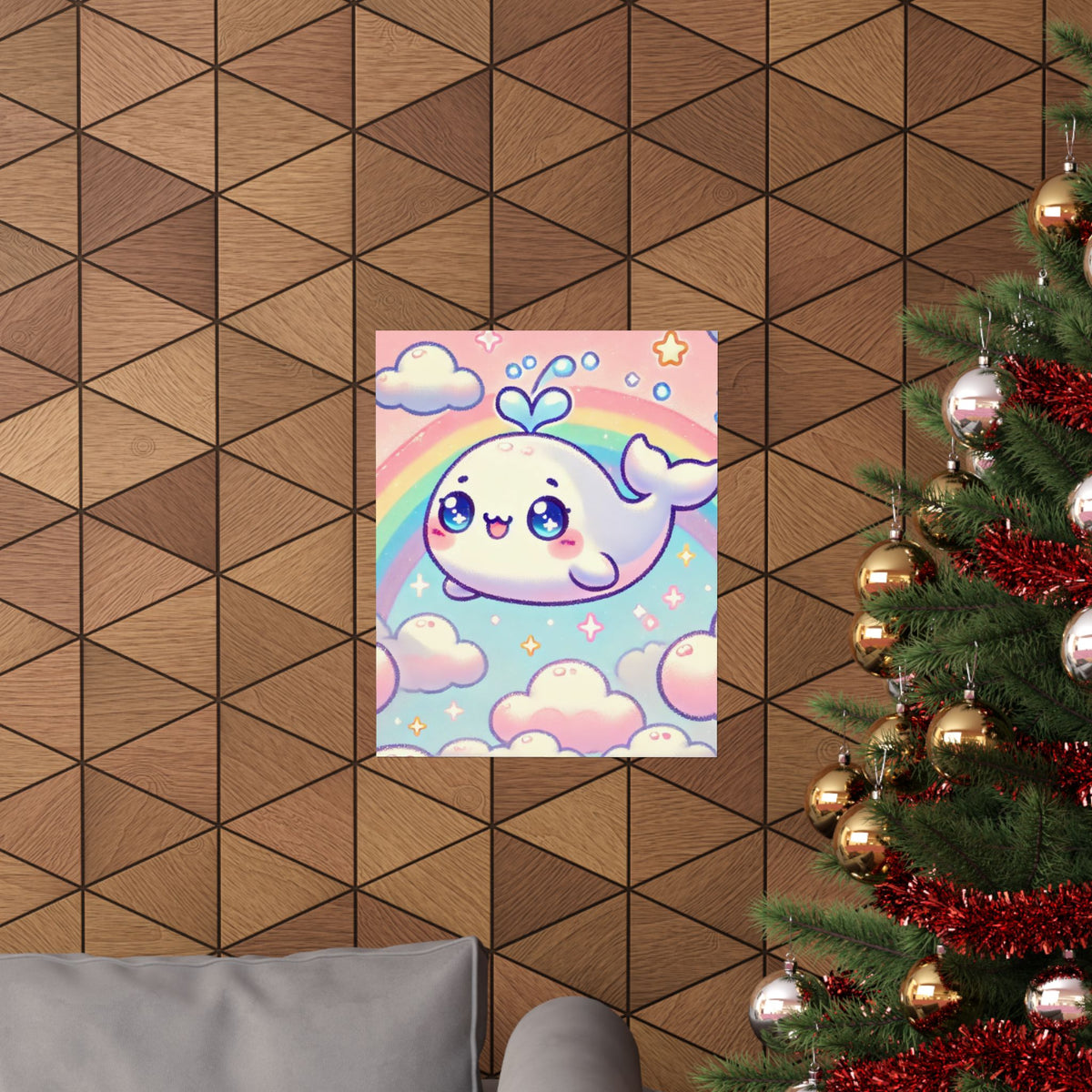 Kawaii Rainbow Whale Pastel Cloud Wall Art Poster