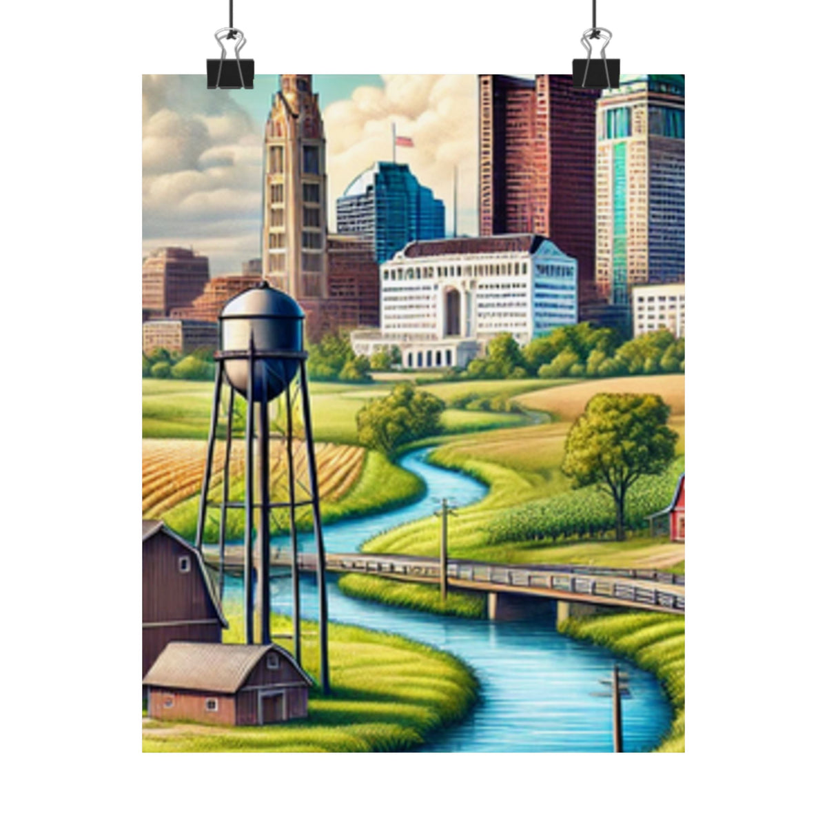 Rural River City Skyline Hometown Landscape Poster Art