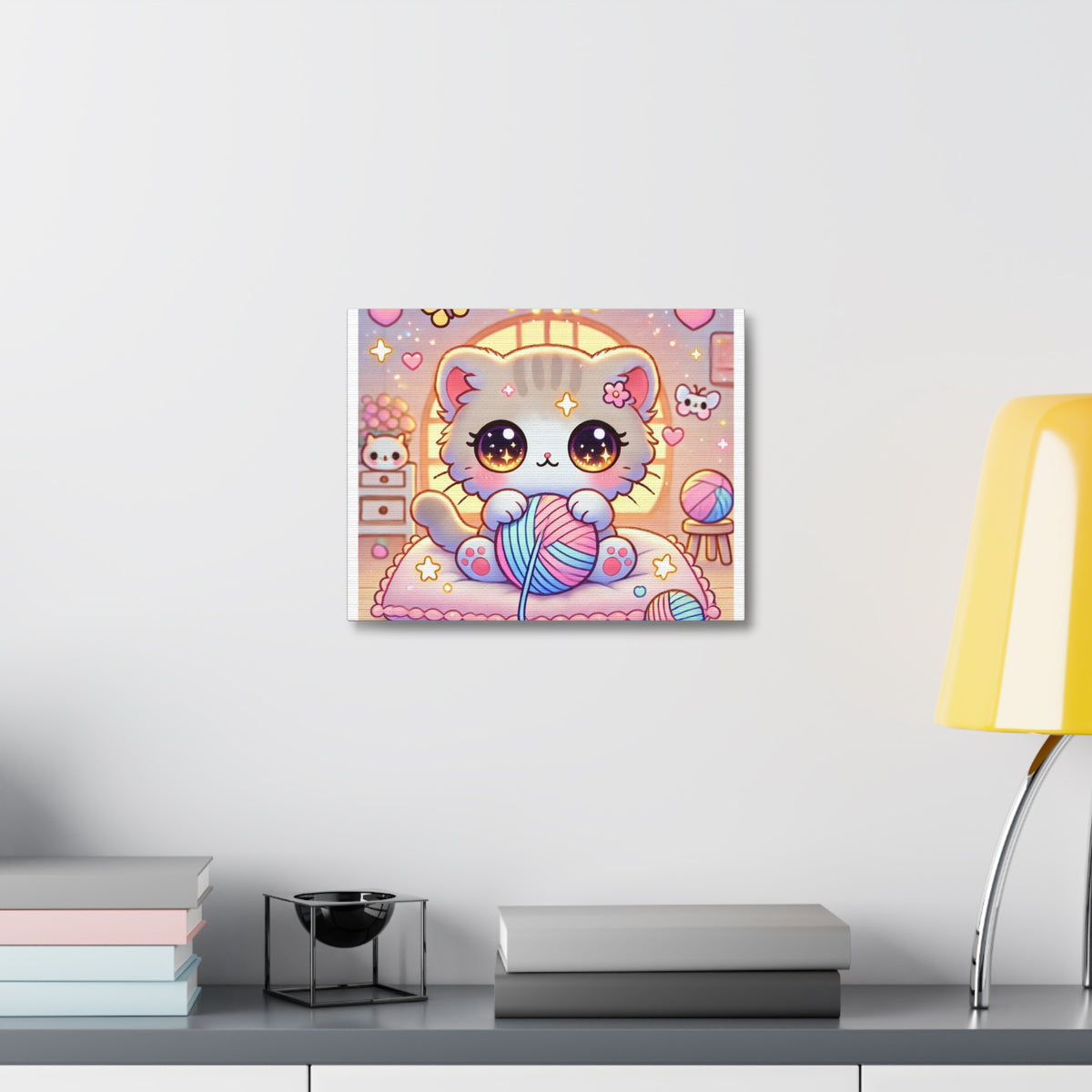 Cozy Kawaii Knitting Cat Pastel Yarn Canvas Wall Art