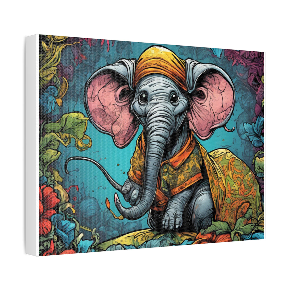 Colorful Storybook Elephant Floral Garden Canvas Wall Art