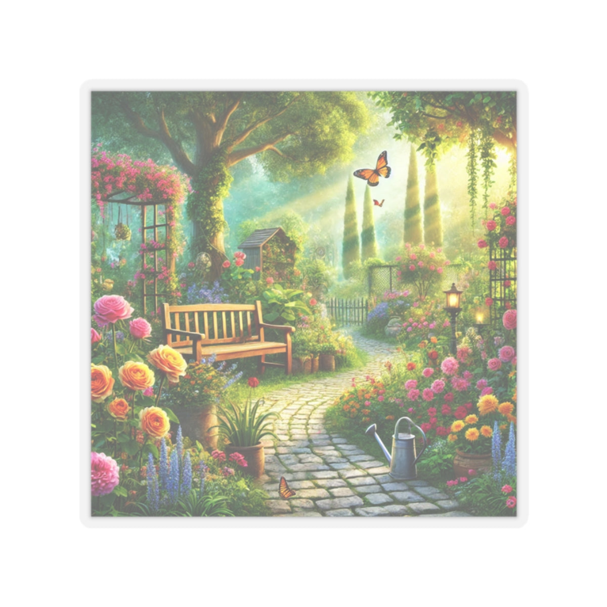 Sunlit Spring Flower Garden Bench Sticker