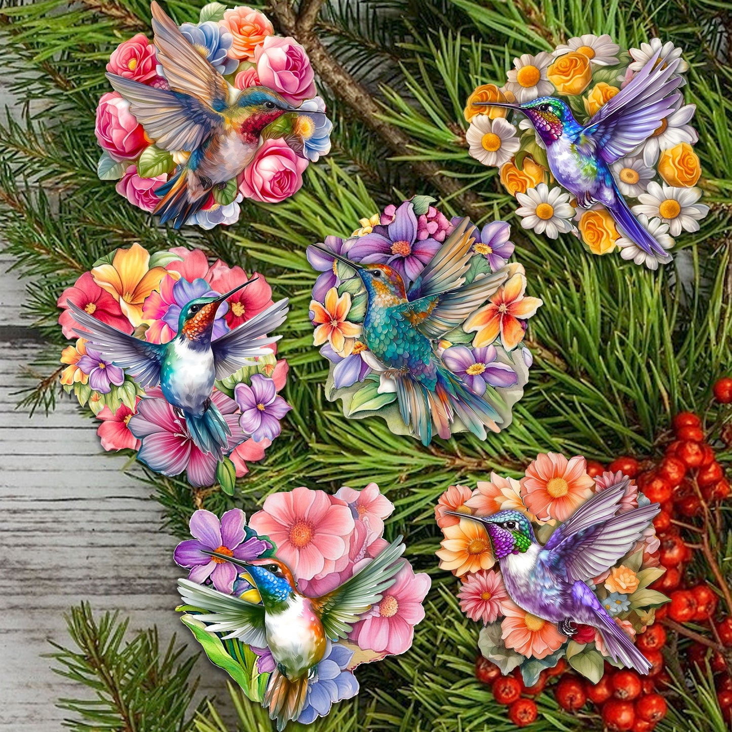 Hummingbirds Clip-On Eco Wood Decorative Ornaments Set of 6 by G. Debrekht - Easter Spring Decor - 8090140C-S6