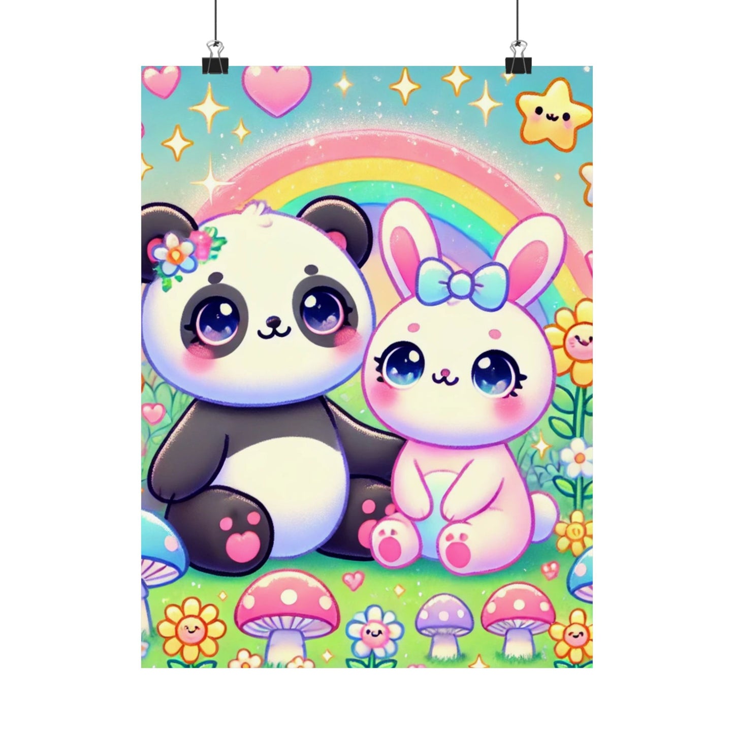 Pastel Panda and Bunny Rainbow Garden Wall Art Poster