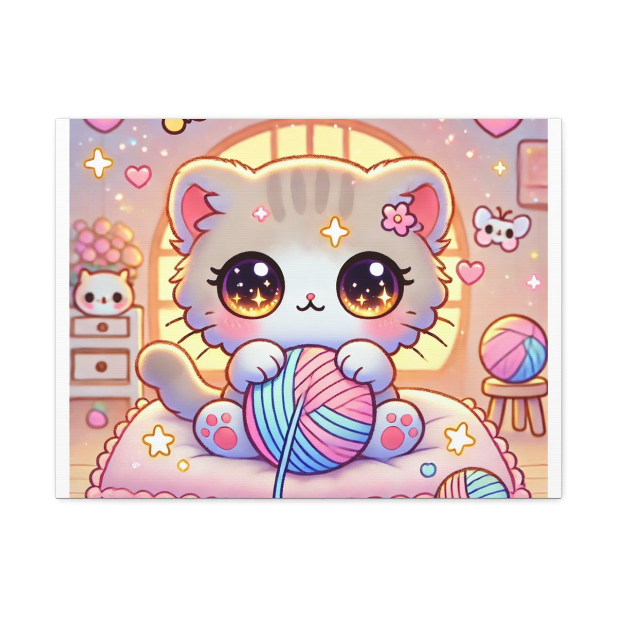 Cozy Kawaii Knitting Cat Pastel Yarn Canvas Wall Art