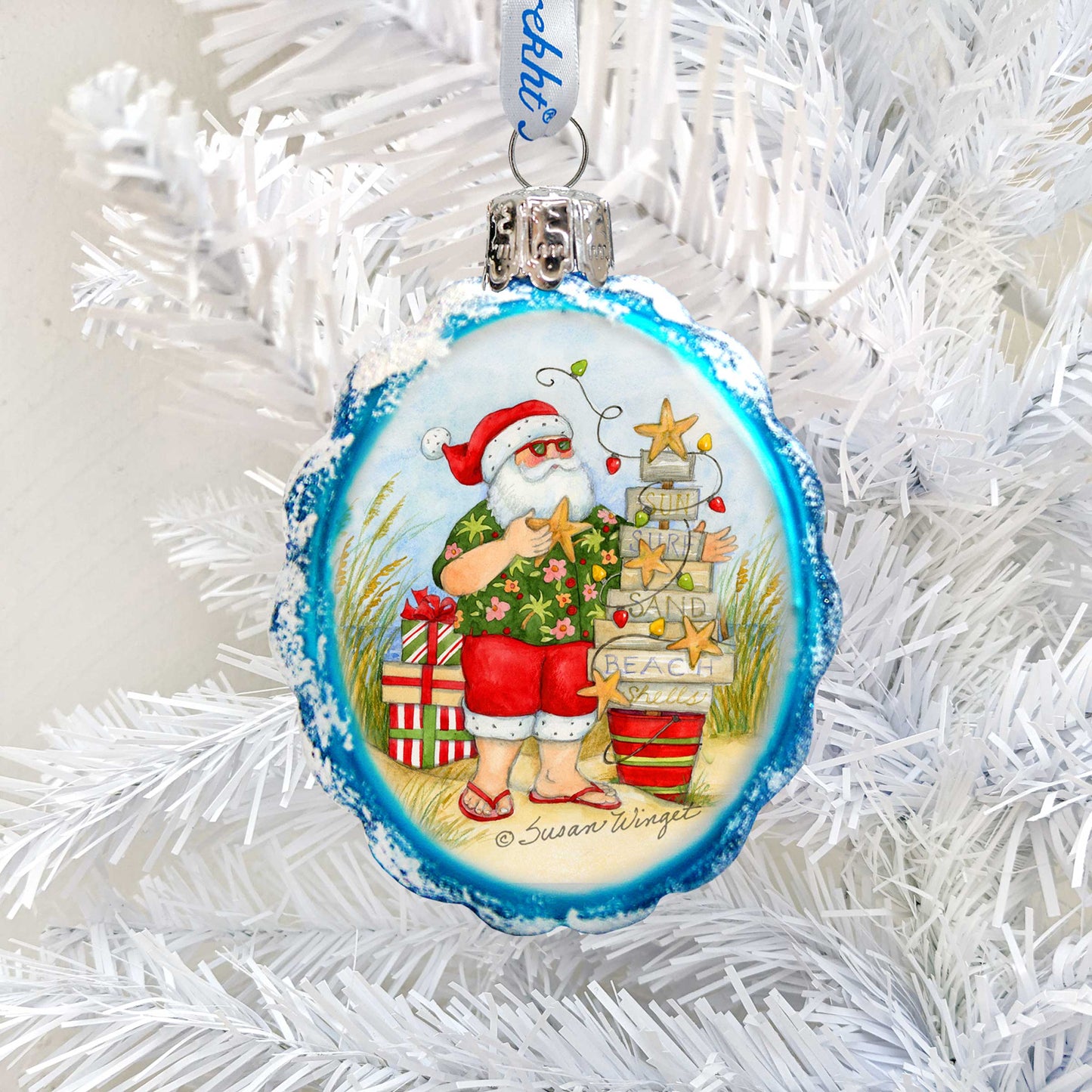 Christmas at the Beach Mercury Glass Ornaments Set of 3 by Susan Winget - Santa and Snowman Decor
