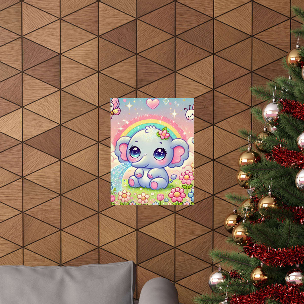 Pastel Rainbow Baby Elephant Floral Wall Art Poster