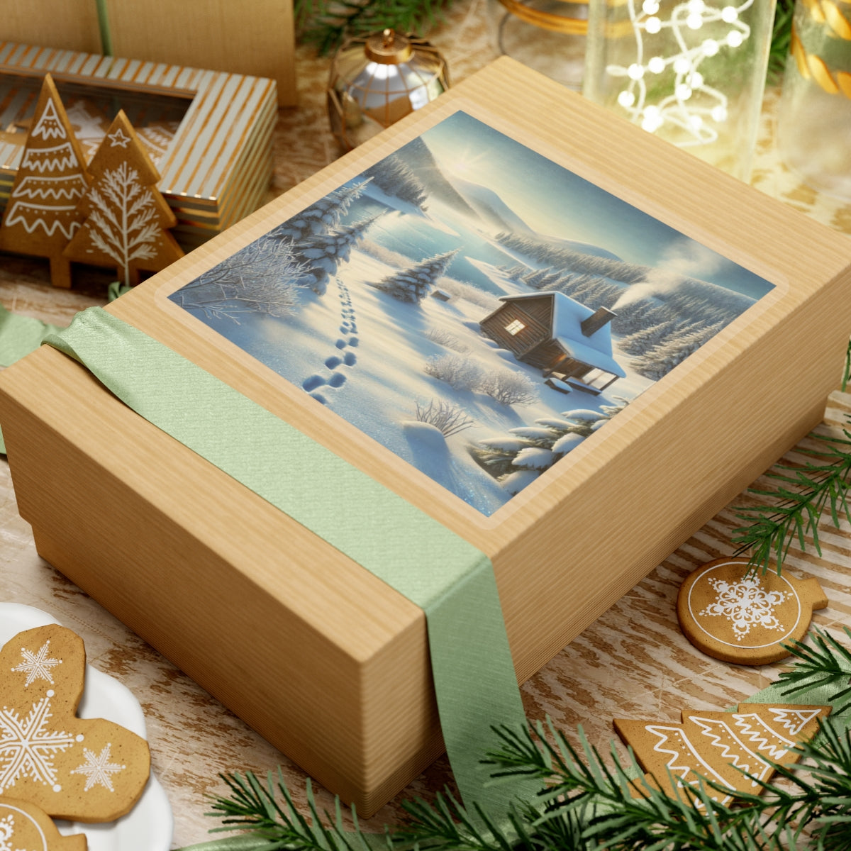 Snowy Cabin Winter Lake Landscape Art Sticker
