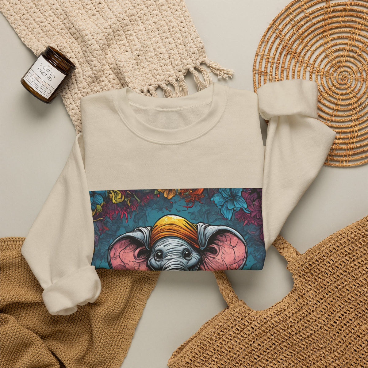 Colorful Storybook Elephant Floral Art Sweatshirt