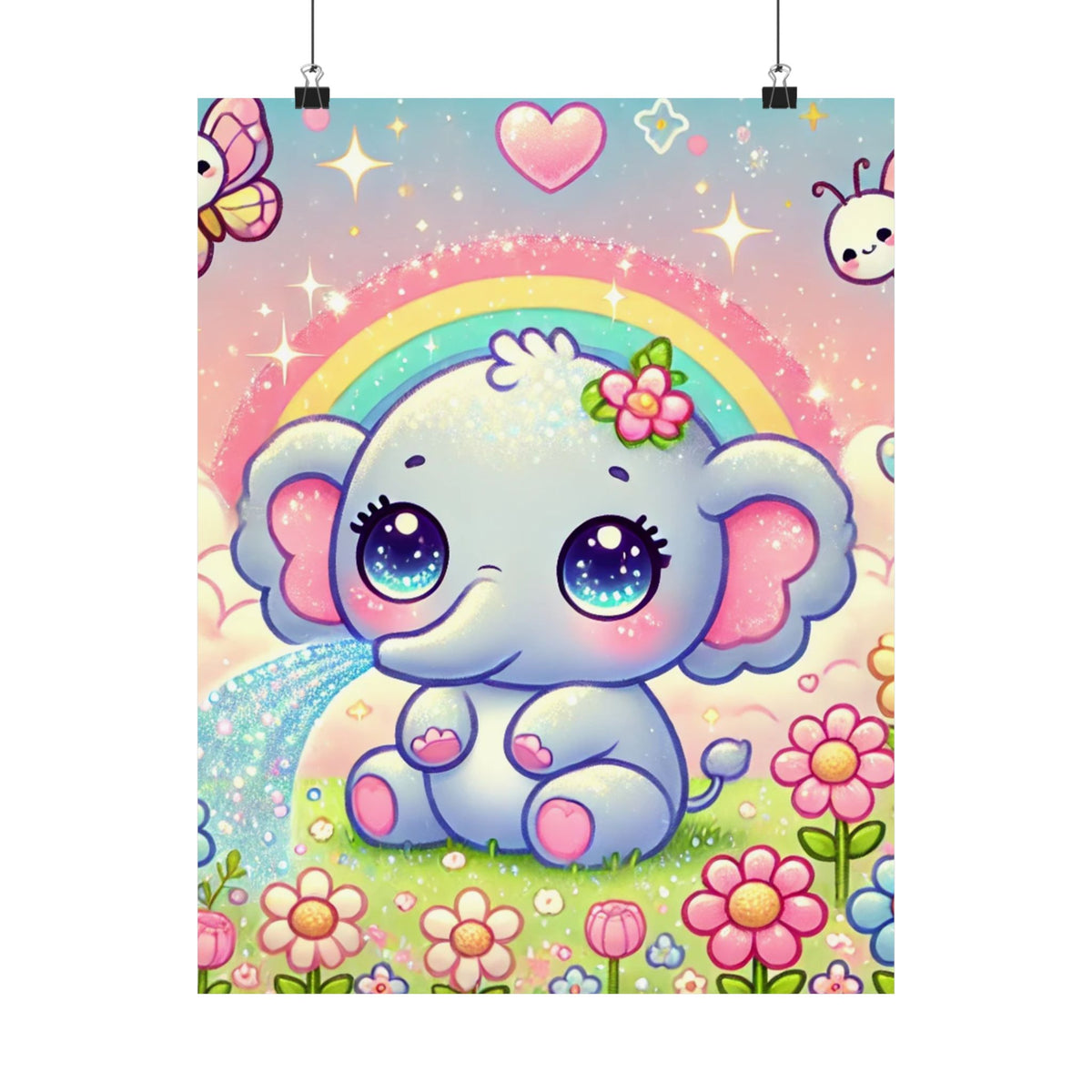 Pastel Rainbow Baby Elephant Floral Wall Art Poster