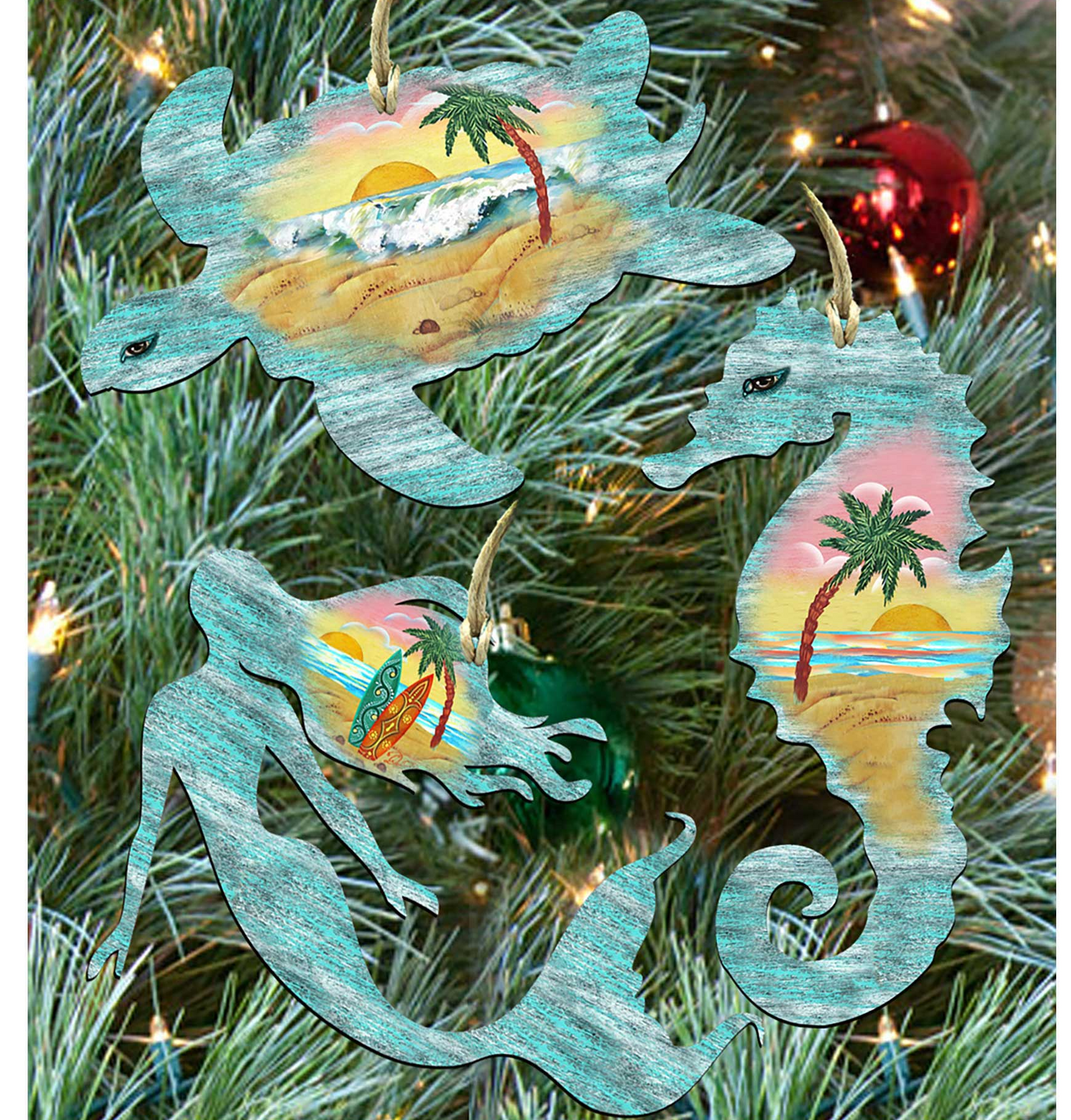 Coastal Wooden Ornaments-Sea Turtle,Mermaid,Seahorse Set of 3 by G. DeBrekht - Coastal Holiday Decor - 8100045S3