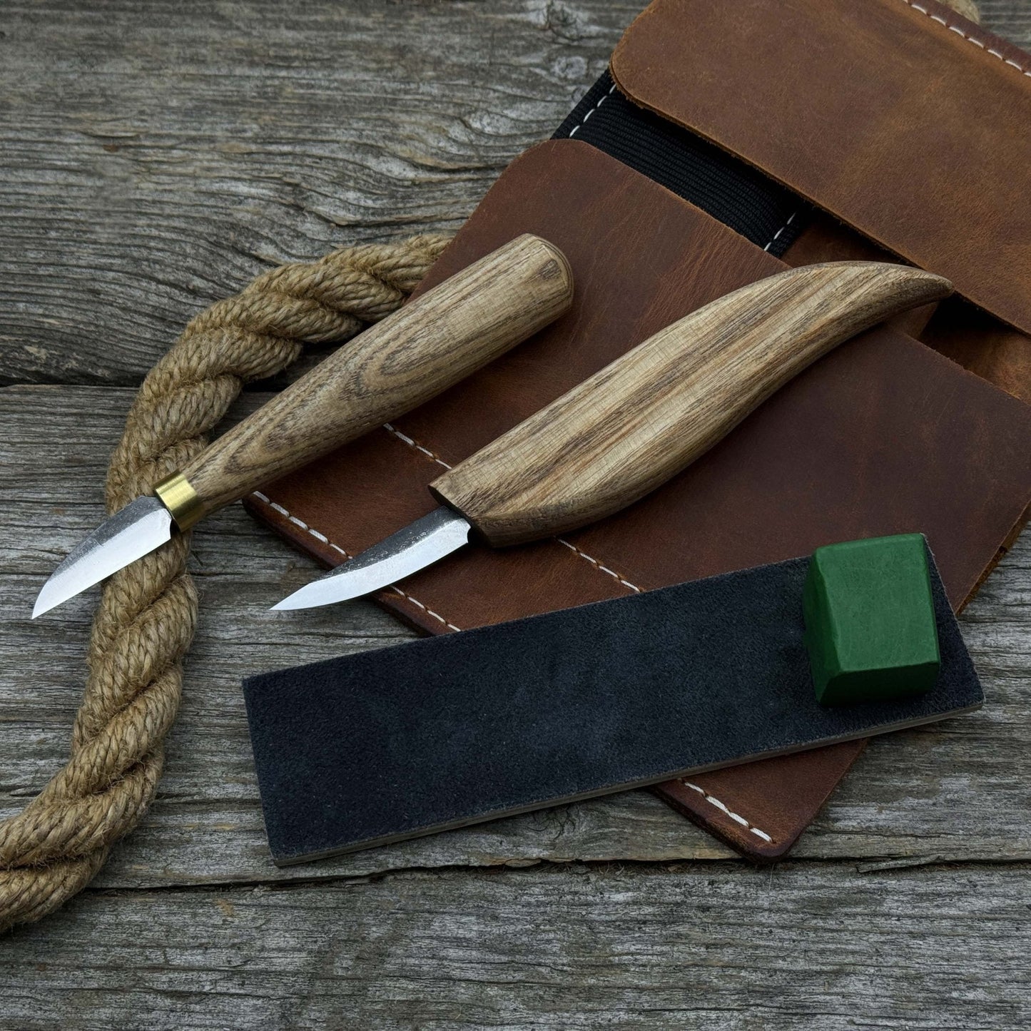 2-Piece Wood Carving Knife Set with Leather Strop and Case
