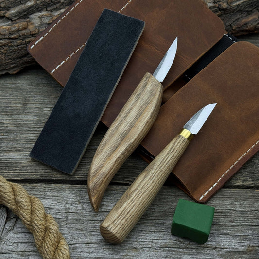 2-Piece Wood Carving Knife Set with Leather Strop and Case