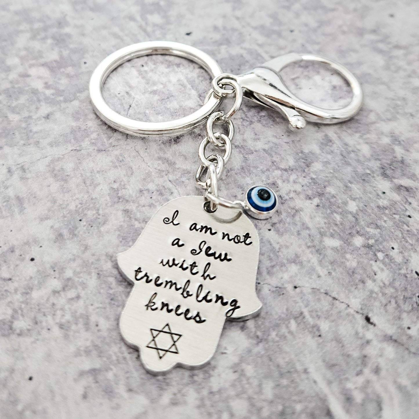 Not a Jew with Trembling Knees Brass or Aluminum Hamsa Keychain