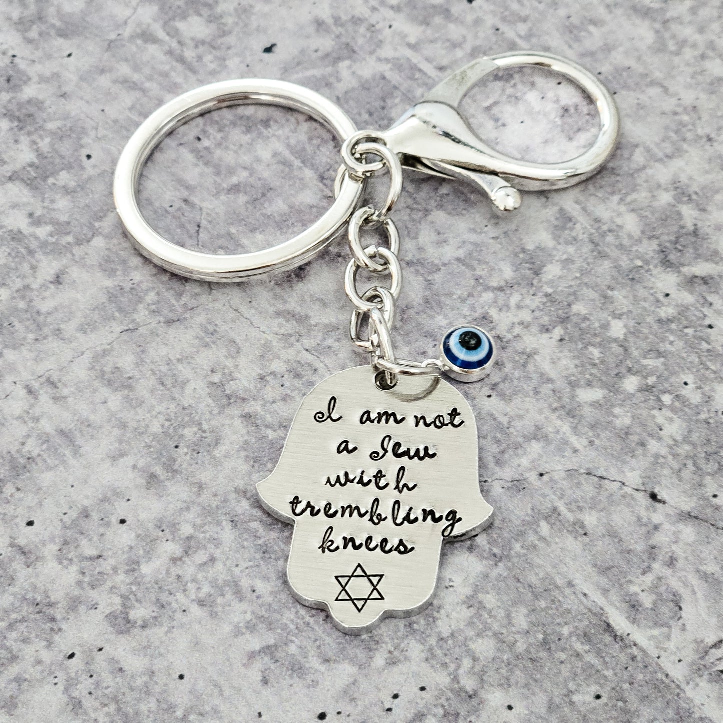 Not a Jew with Trembling Knees Brass or Aluminum Hamsa Keychain