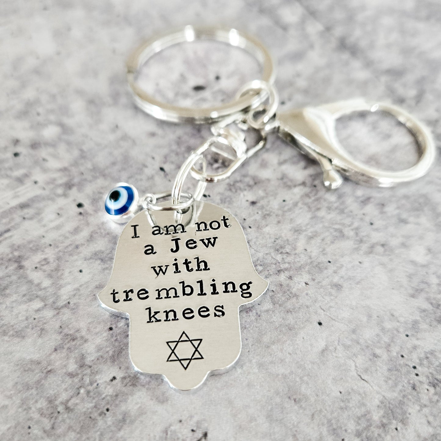 Not a Jew with Trembling Knees Brass or Aluminum Hamsa Keychain