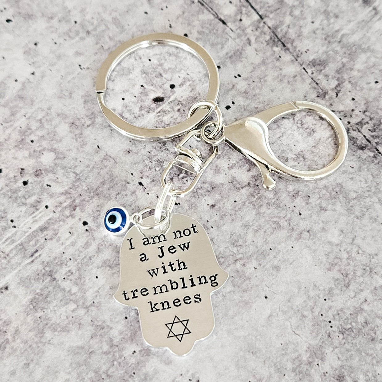 Not a Jew with Trembling Knees Brass or Aluminum Hamsa Keychain