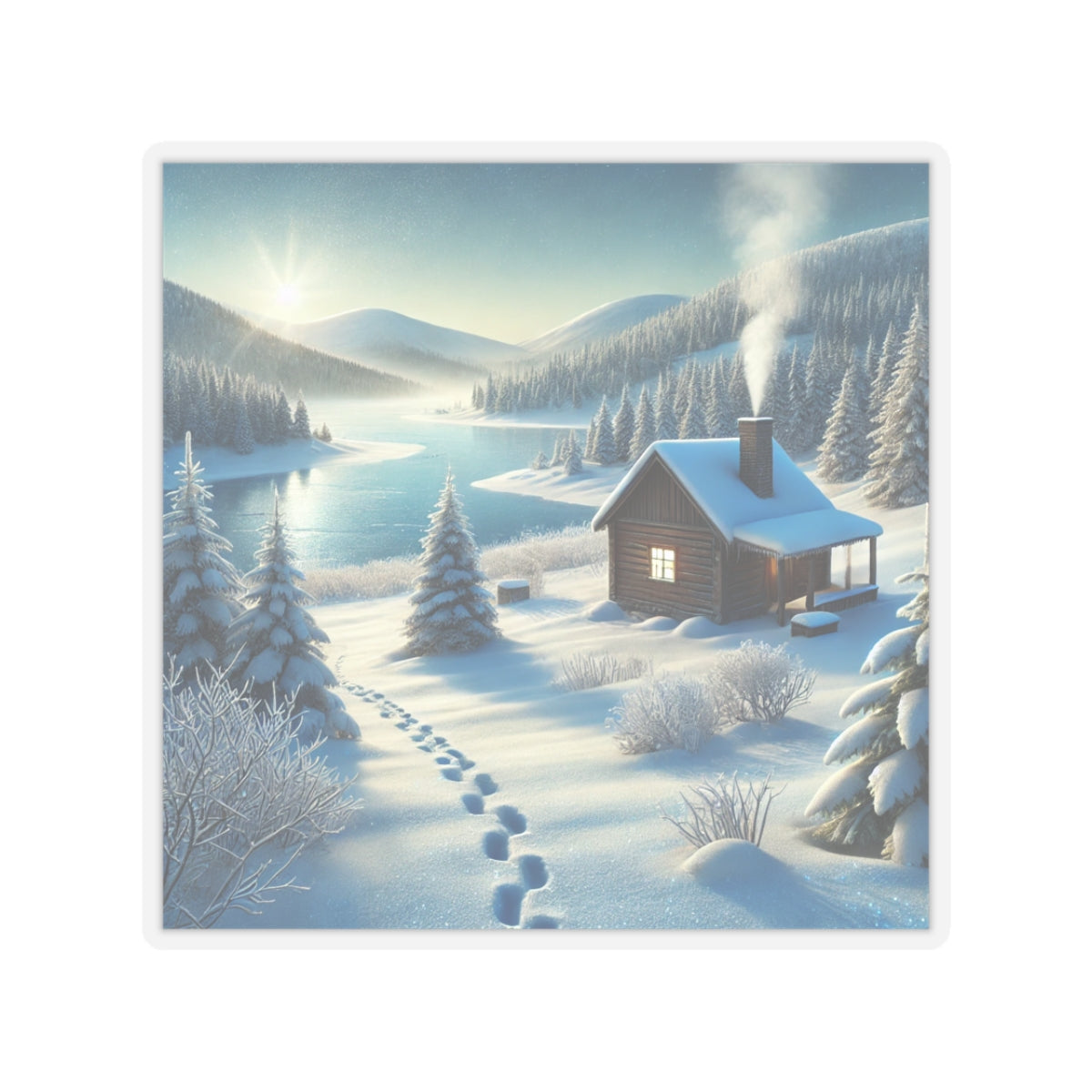 Snowy Cabin Winter Lake Landscape Art Sticker
