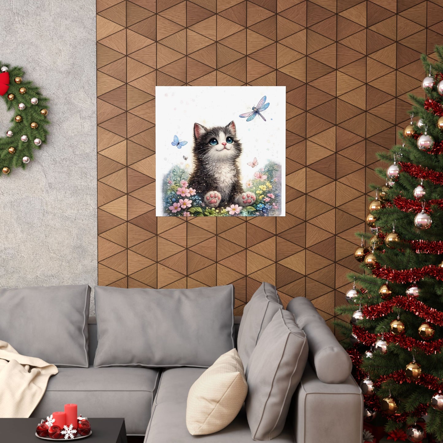 Whimsical Kitten Butterfly Garden Art Poster
